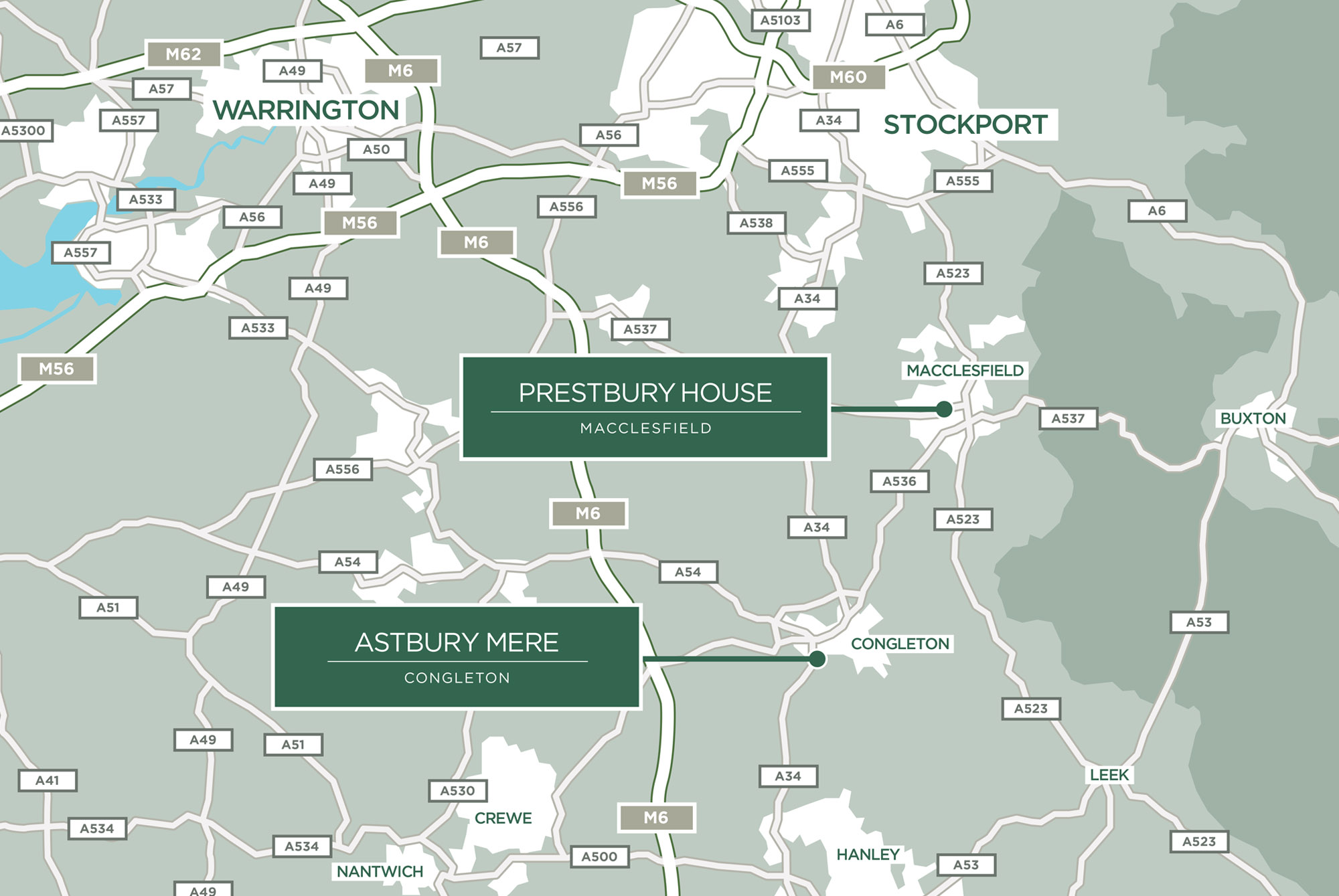 Map of Porthaven care homes in Cheshire: Prestbury House in Macclesfield and Astbury Mere in Congleton