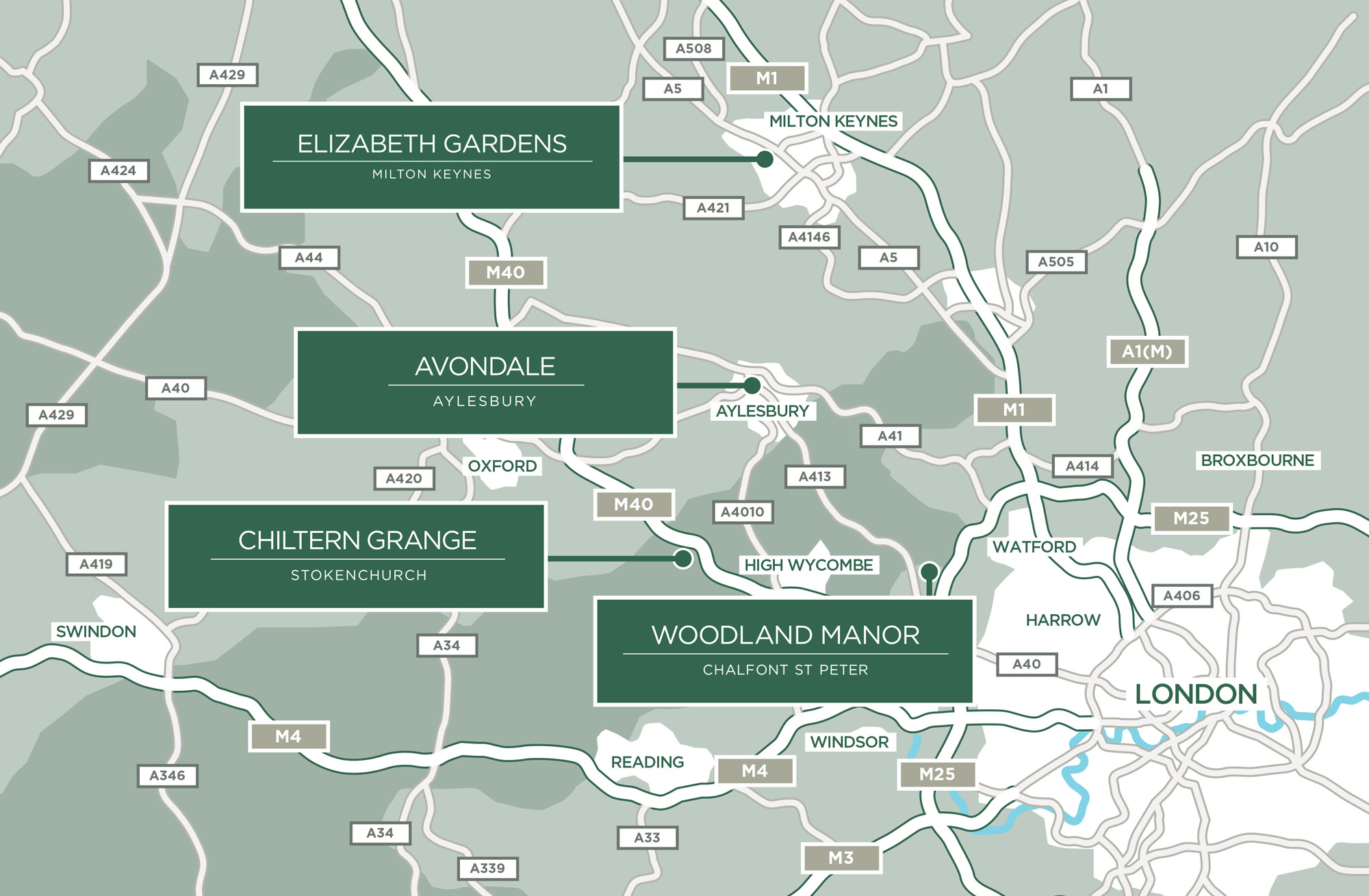 Map of Porthaven care homes in Buckinghamshire: Elizabeth Gardens in Milton Keynes, Avondale in Aylesbury, Chiltern Grange in Stokenchurch and Woodland Manor in Chalfont St Peter