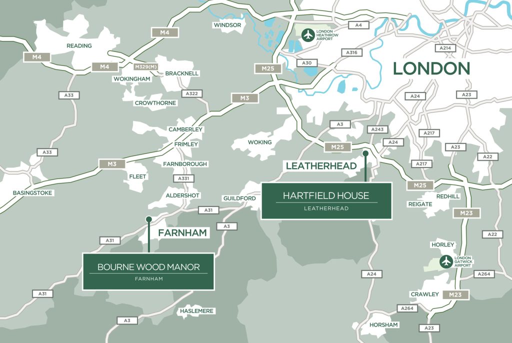 Map of Porthaven care homes in Surrey: Hartfield House in Leatherhead and Bourne Wood Manor in Farnham