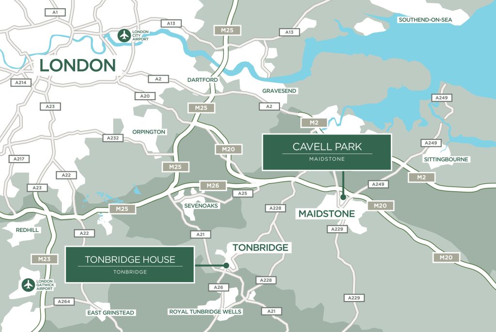 Map of Porthaven care homes in Kent: Cavell Park in Maidstone and Tonbridge House in Tonbridge