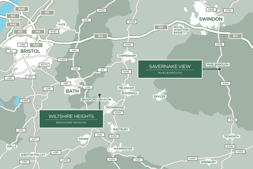 Map of Porthaven care homes in Wiltshire: Savernake View in Marlborough and Wiltshire Heights in Bradford-on-Avon