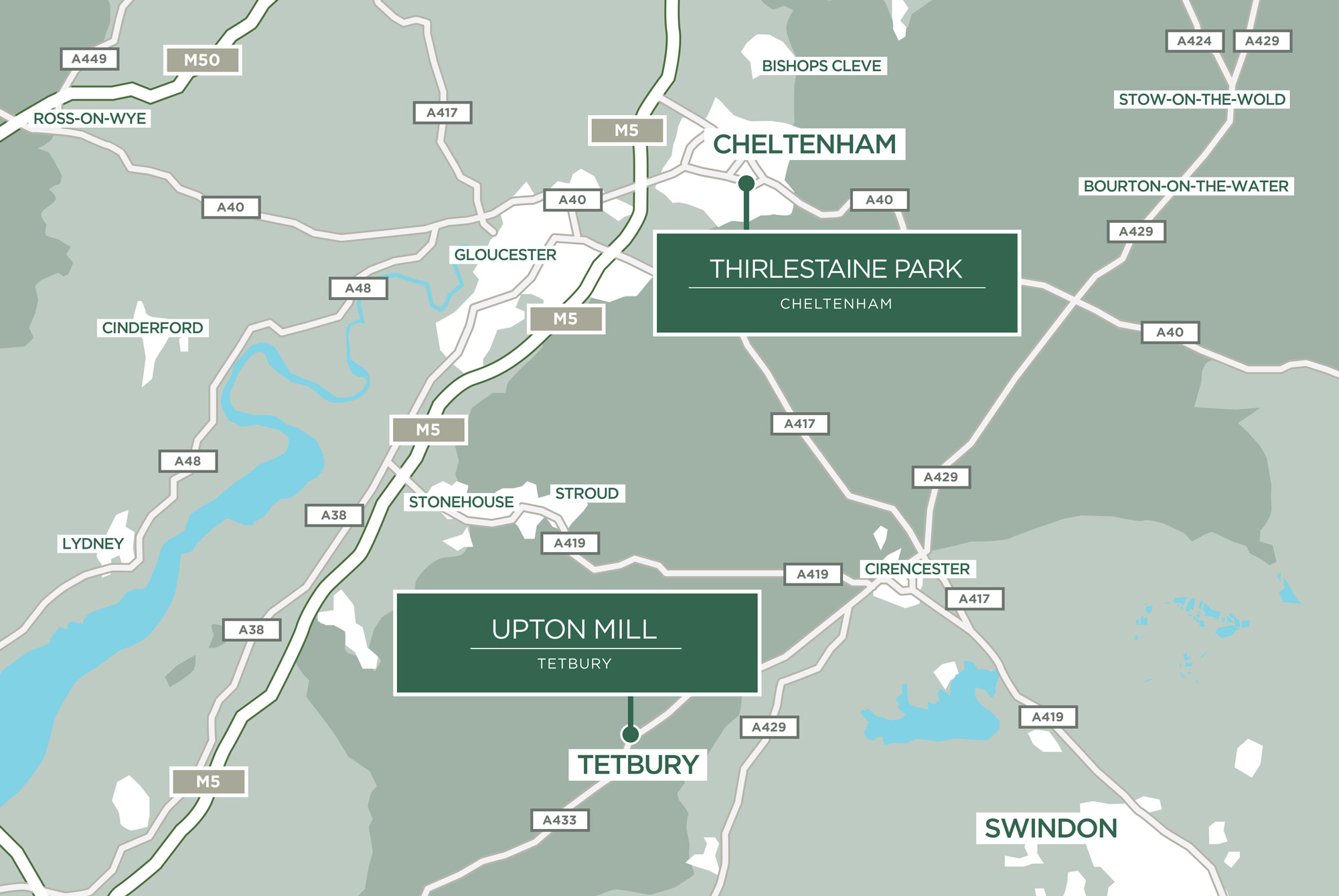 Map of Porthaven care homes in Gloucestershire: Thirlestaine Park in Cheltenham and Upton Mill in Tetbury